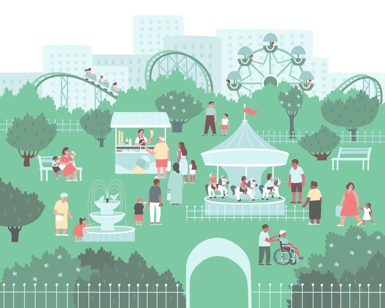 Amusement park with roller coaster, ferris wheel and carousel vector