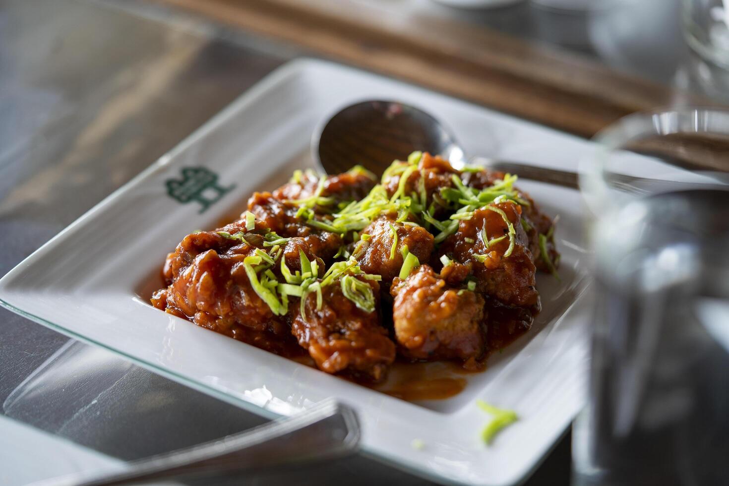A plate with meat and sauce on it photo