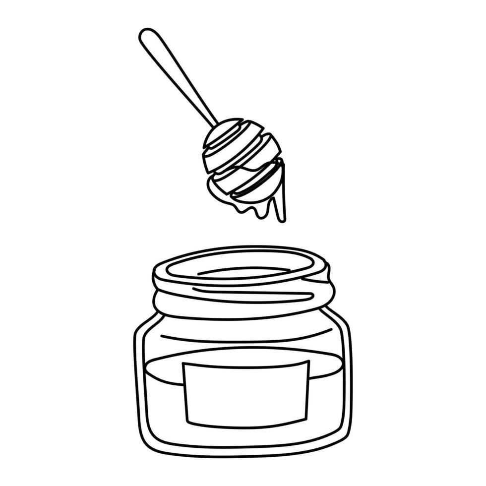 doodle illustration of an open jar of honey with a wooden spoon is ideal for advertising natural products, packaging, culinary blogs, as well as for marketing healthy food and organic products. vector