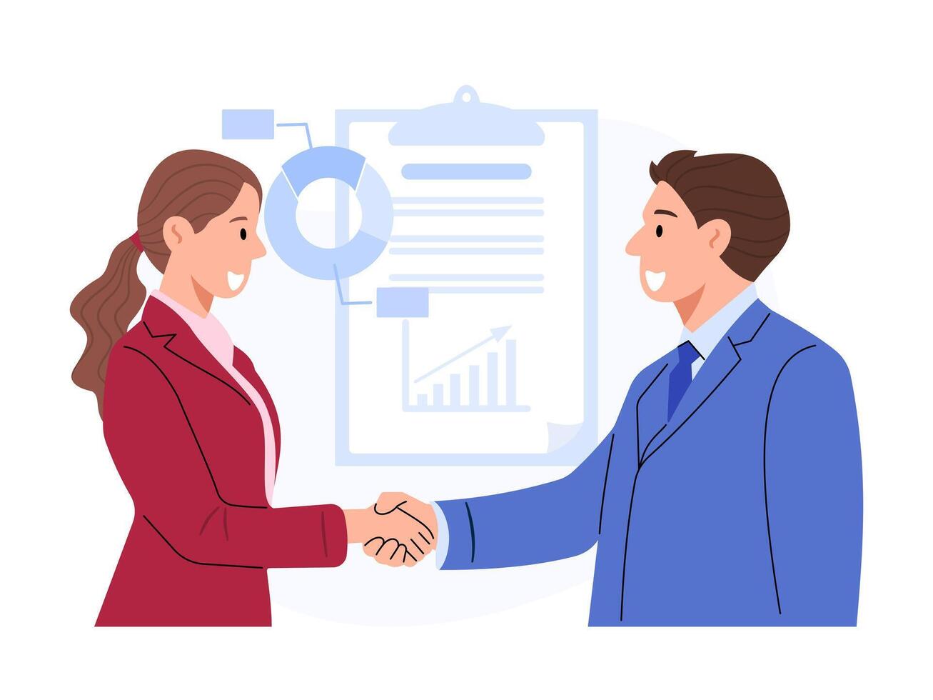 Illustration of businesswoman and businessman shaking hands, symbolizing successful business partnership. Financial reports and growth graphs background. vector
