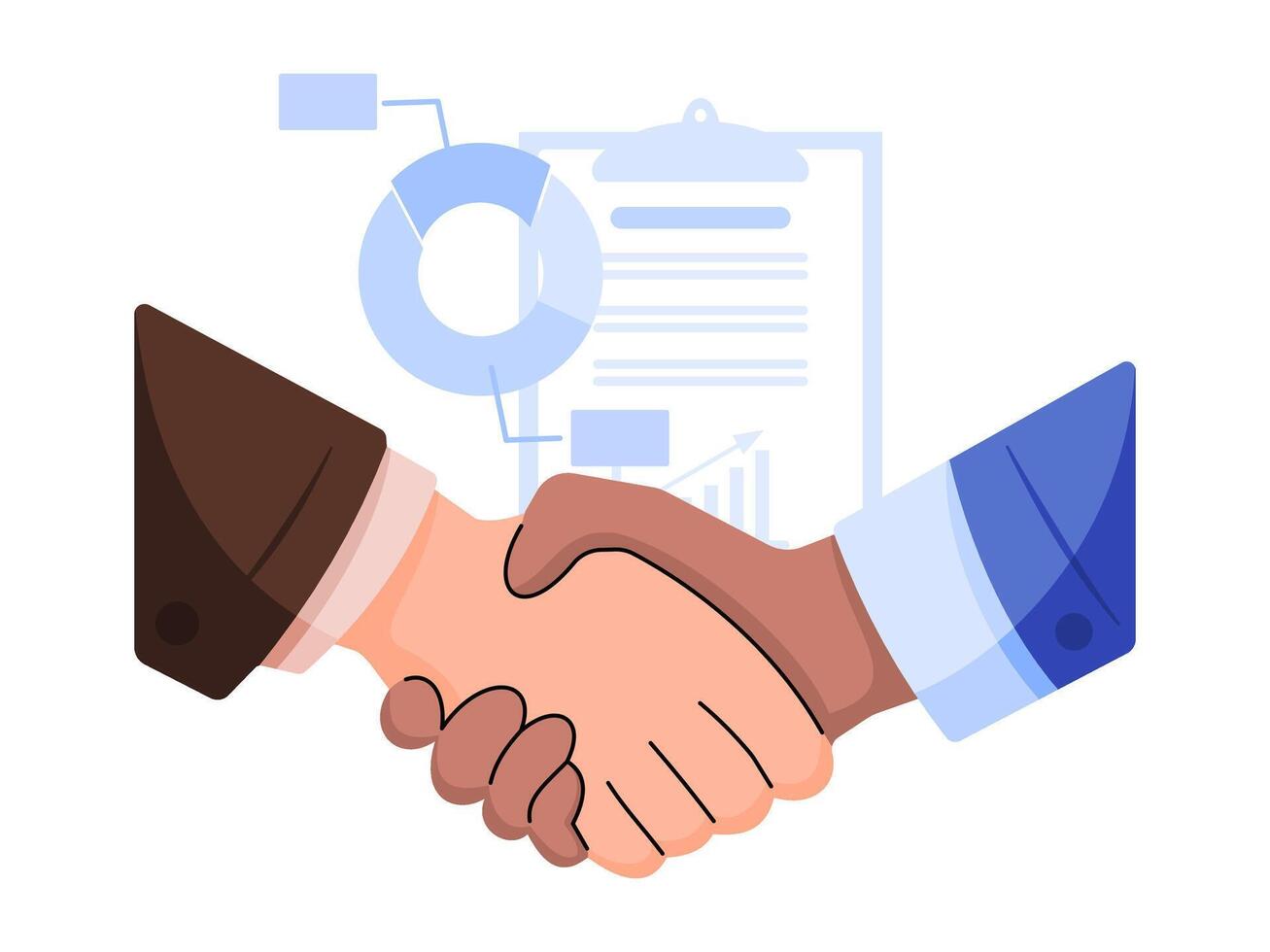 An illustration featuring a handshake between two individuals with different skin tones, against a background of business charts and reports, symbolizing diversity in business partnerships. vector