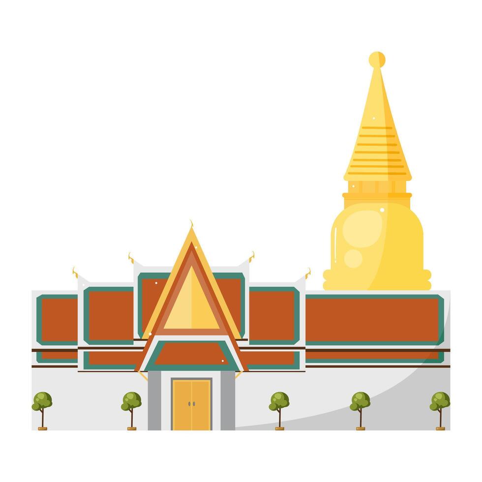 An illustration of a traditional Thai temple with a golden pagoda, featuring a flat design and vibrant colors. This image is perfect for cultural, religious, and travel related designs. vector