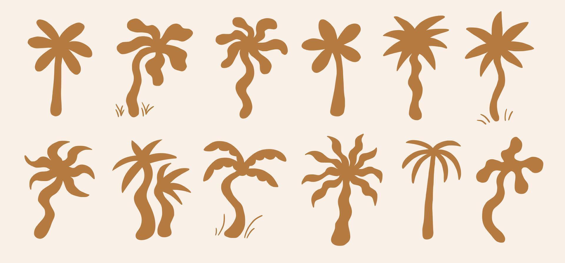 Groovy boho silhouette palm tree. Hand drawn wavy plants summer vector