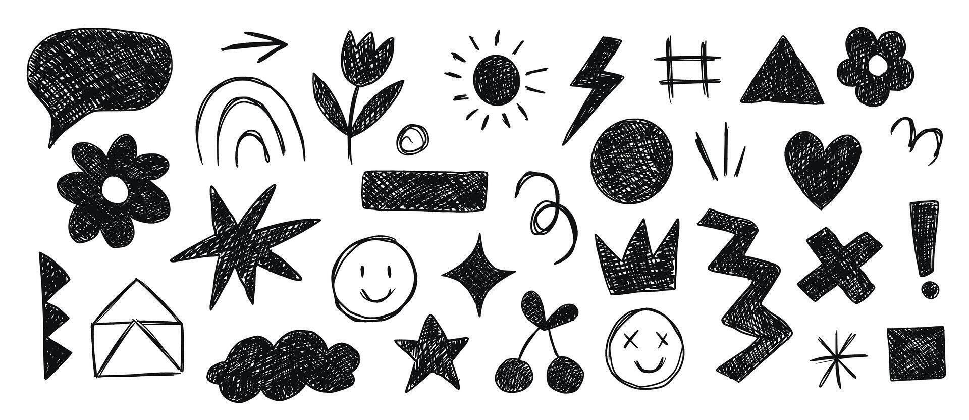 Charcoal graffiti doodle punk shapes collection. Geometric textured figures and flower. Design elements vector