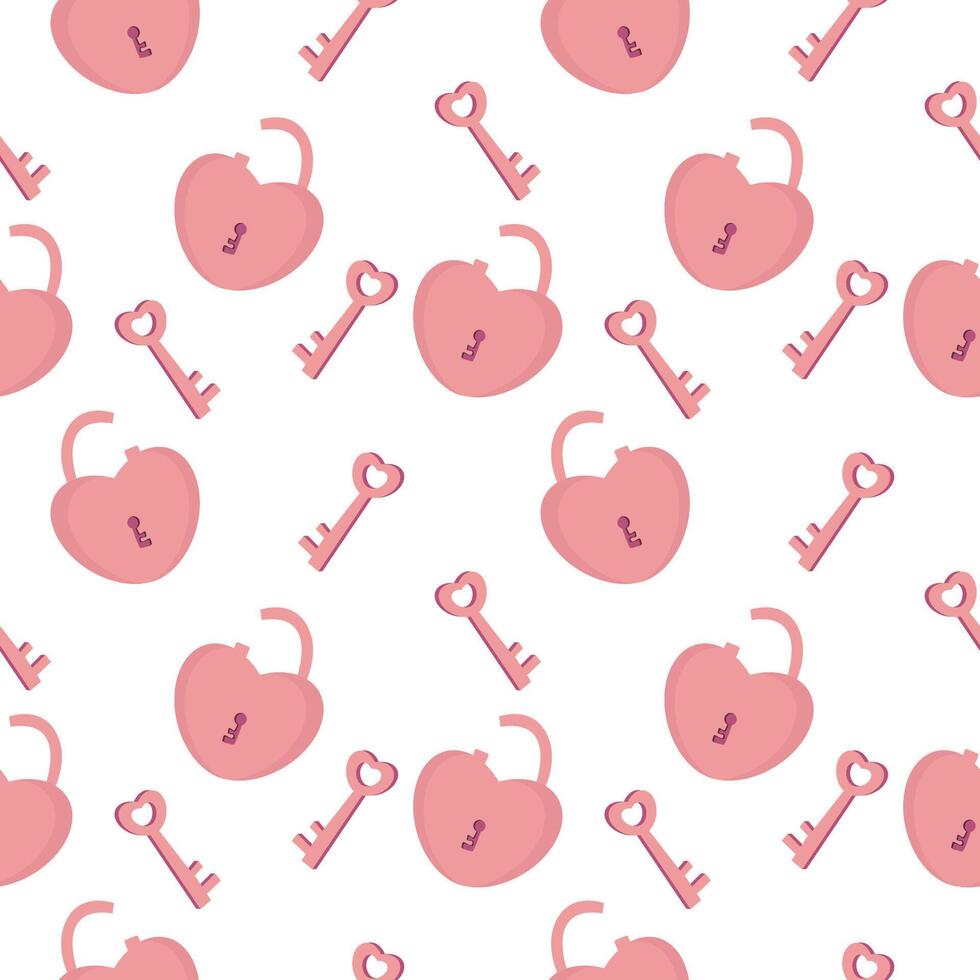 Heart shaped padlock with key seamless pattern. Repeating romantic background. vector