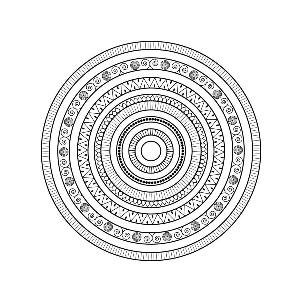 Intricate Mandala Design with Symmetrical Geometric Shapes, Floral Motifs, and Decorative Borders in Black and White Monochrome Illustration for Meditation and Spiritual Art vector