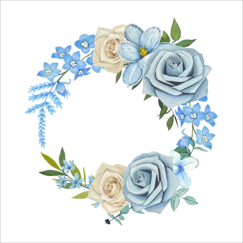 Wreath with blue and beige flowers. Watercolor illustration vector