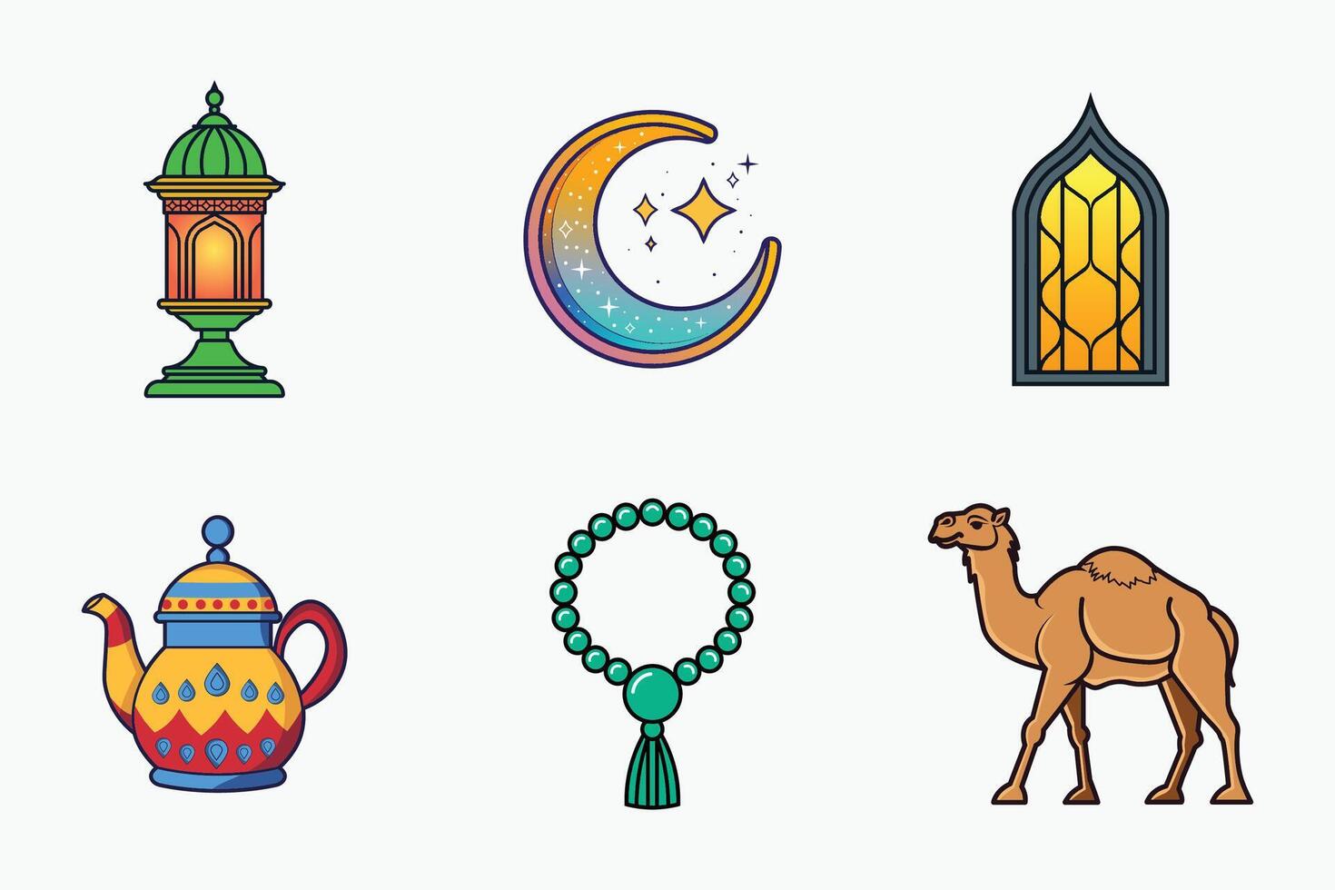 Ramadan and Eid festival and traditional design set in colorful flat isolated illustration vector
