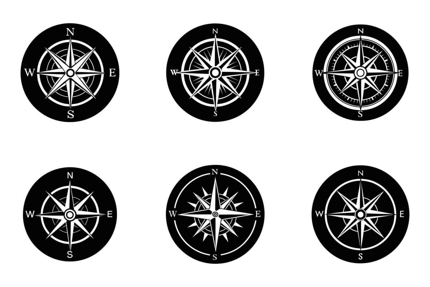 Compass isolated flat style line art silhouette icon set vector