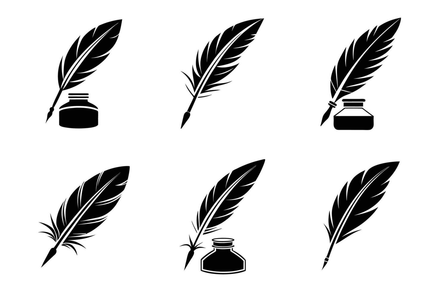 Isolated quill pen icons minimal silhouette style set vector