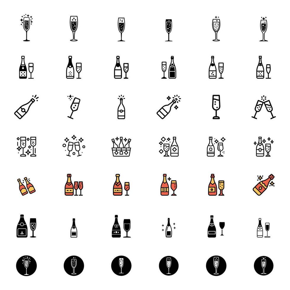 Champagne bottle and glasses icon bundle set design vector