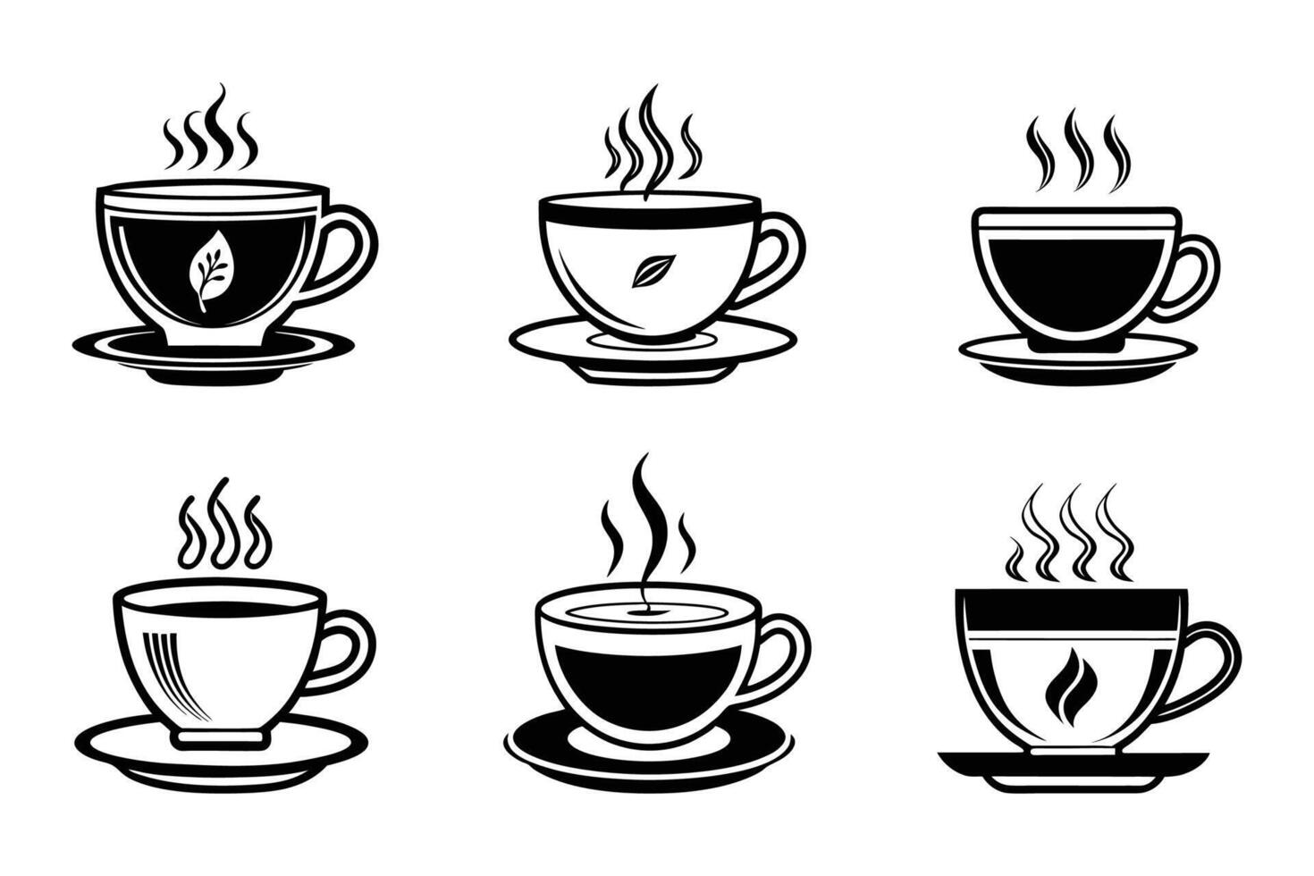 Flat tea cup illustrations isolated line icons vector