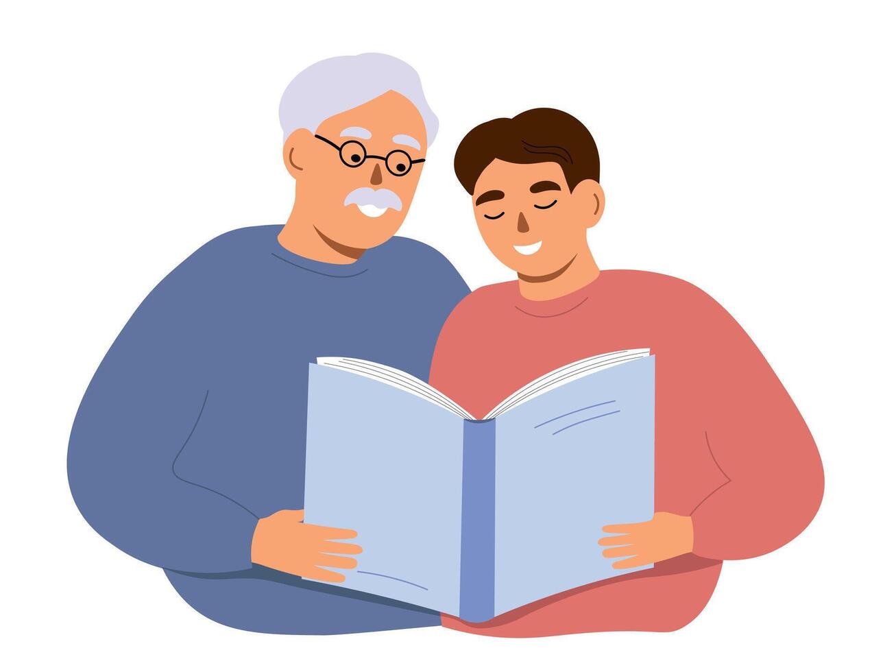 Grandfather and boy reading a book together. Teacher teaching a student. vector