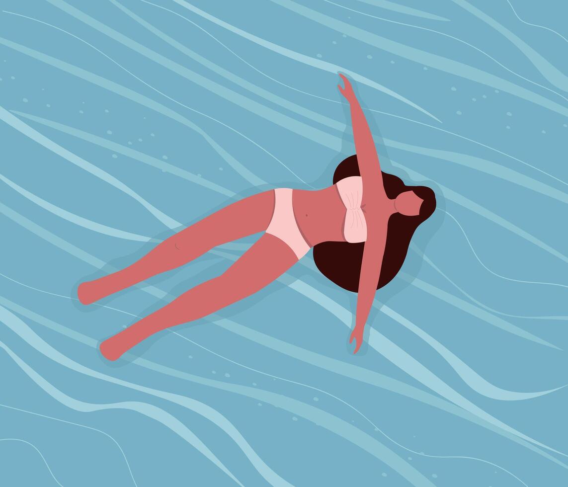 Woman in swimsuit lies on the surface of the water. Beautiful woman floats on her back in the sea. flat graphics. vector