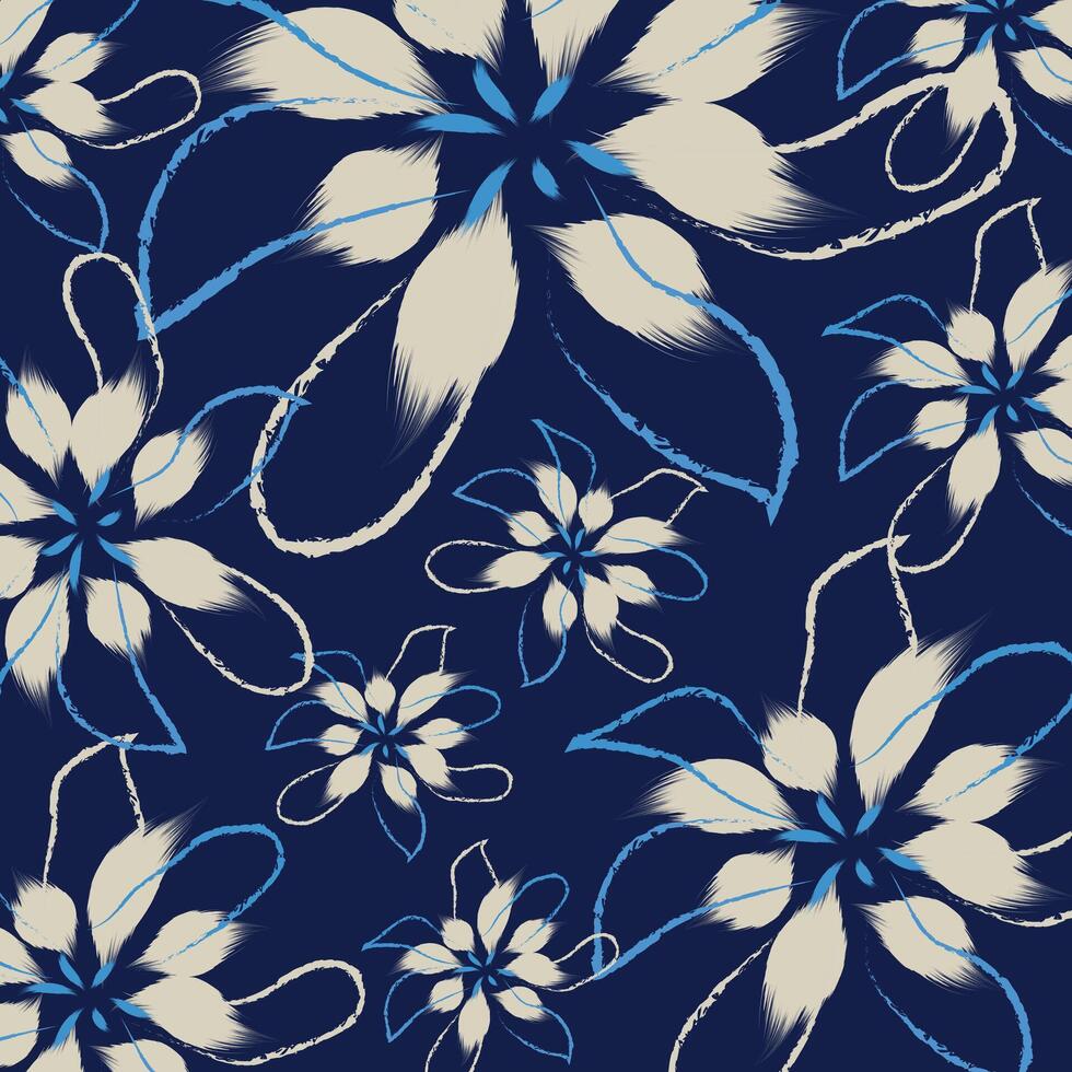 Abstract flowers of hand drawing pattern. A captivating floral abstract pattern featuring hand-drawn white flowers with blue outlines against a deep navy background vector