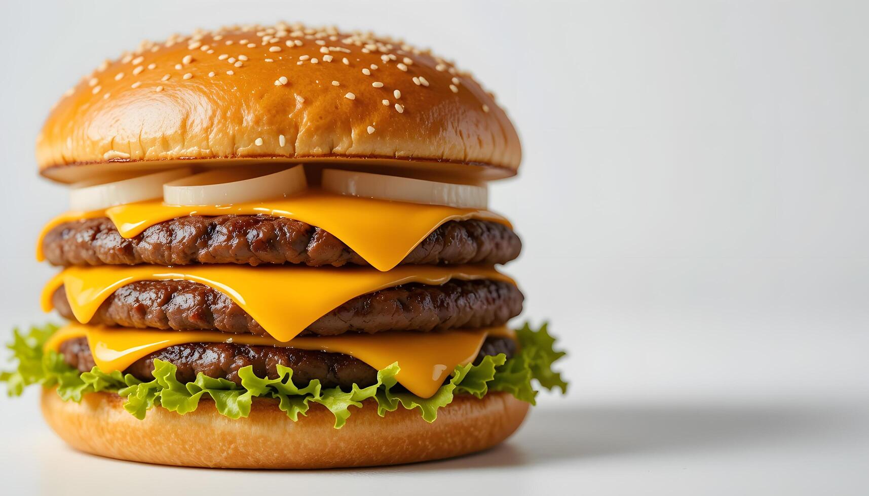 Triple Cheeseburger Close-Up - Three Beef Patties, Melted Cheddar, Onion, Lettuce - Mouth-Watering Food Photography photo