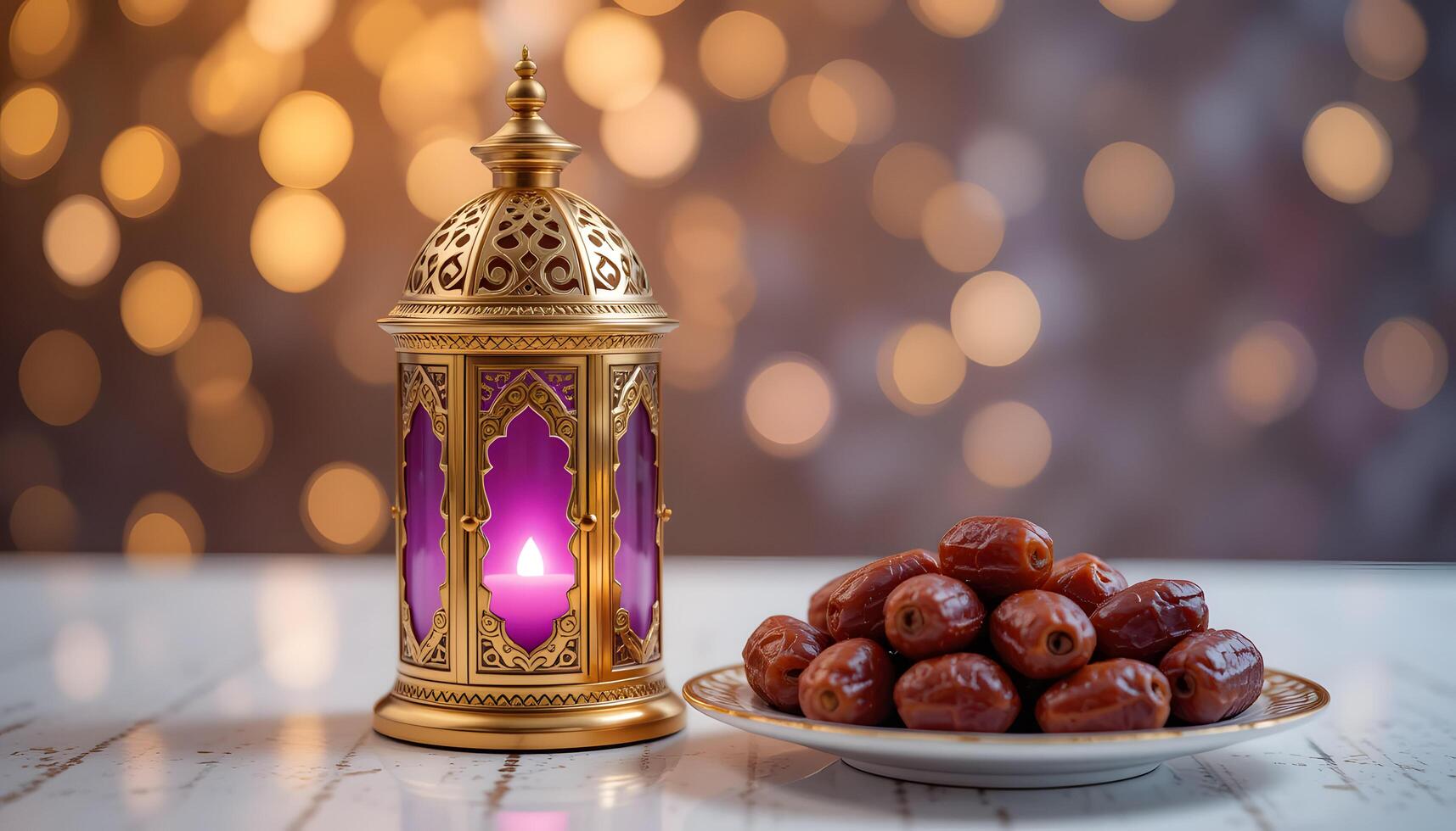 Elegant Lantern for Ramadhan with Purple Glass and Dates Against a Festive Bokeh Background for Iftar Mubarak photo