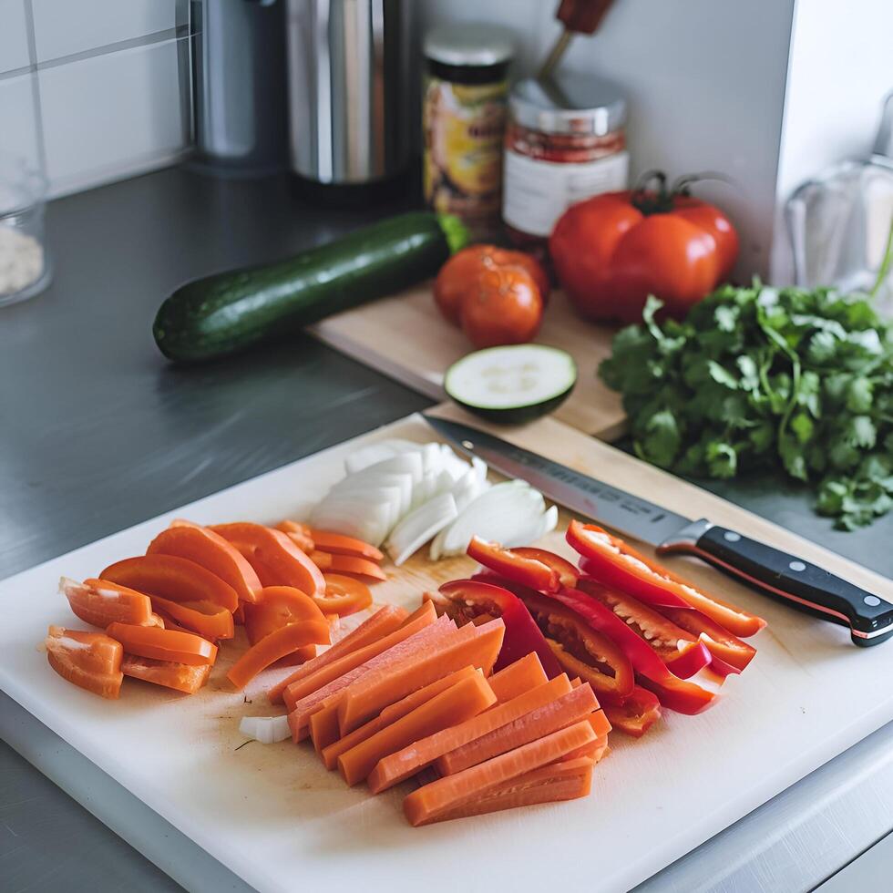 Fresh Chopped Vegetables on Cutting Board for Healthy Cooking photo