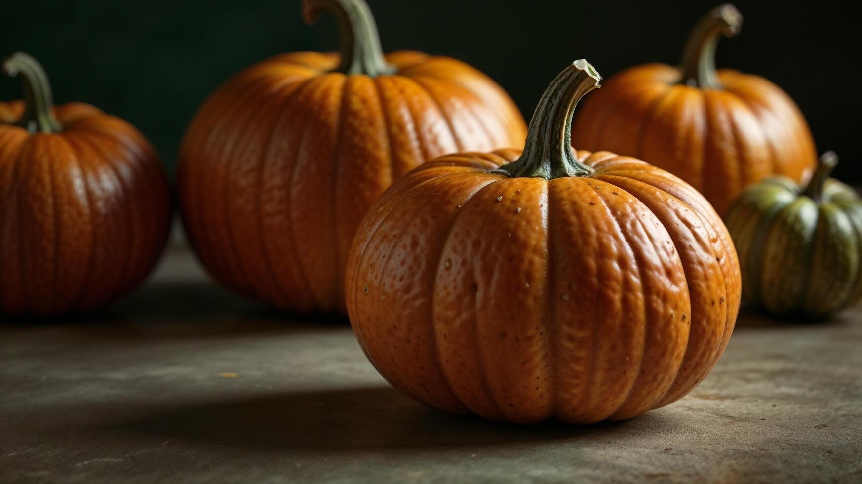 Several orange pumpkins of various sizes are lying on the table. photo