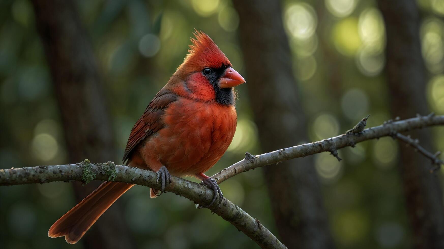 A red bird is sitting on a branch photo