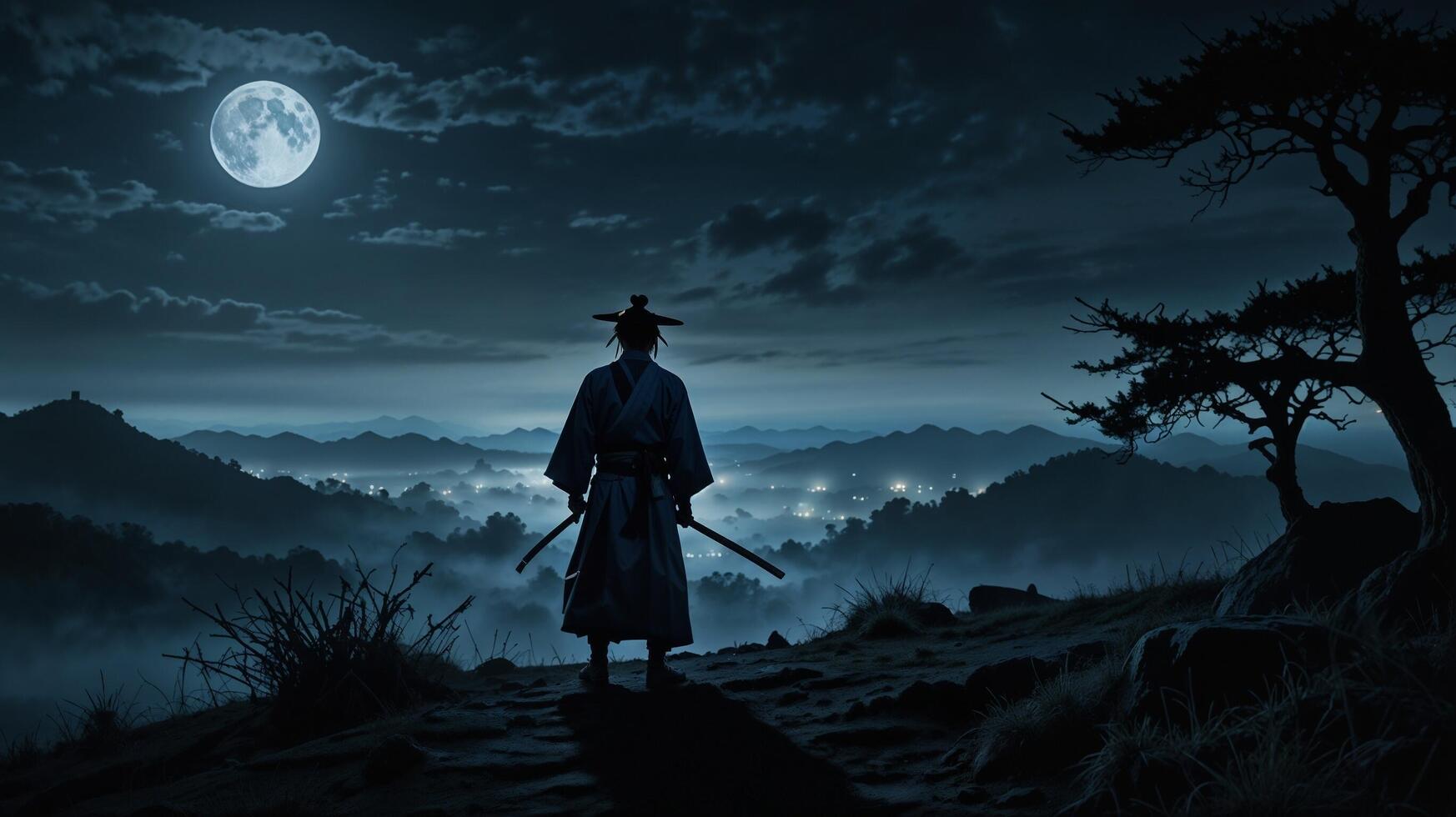 A man in a samurai costume stands on a hill overlooking the moon photo