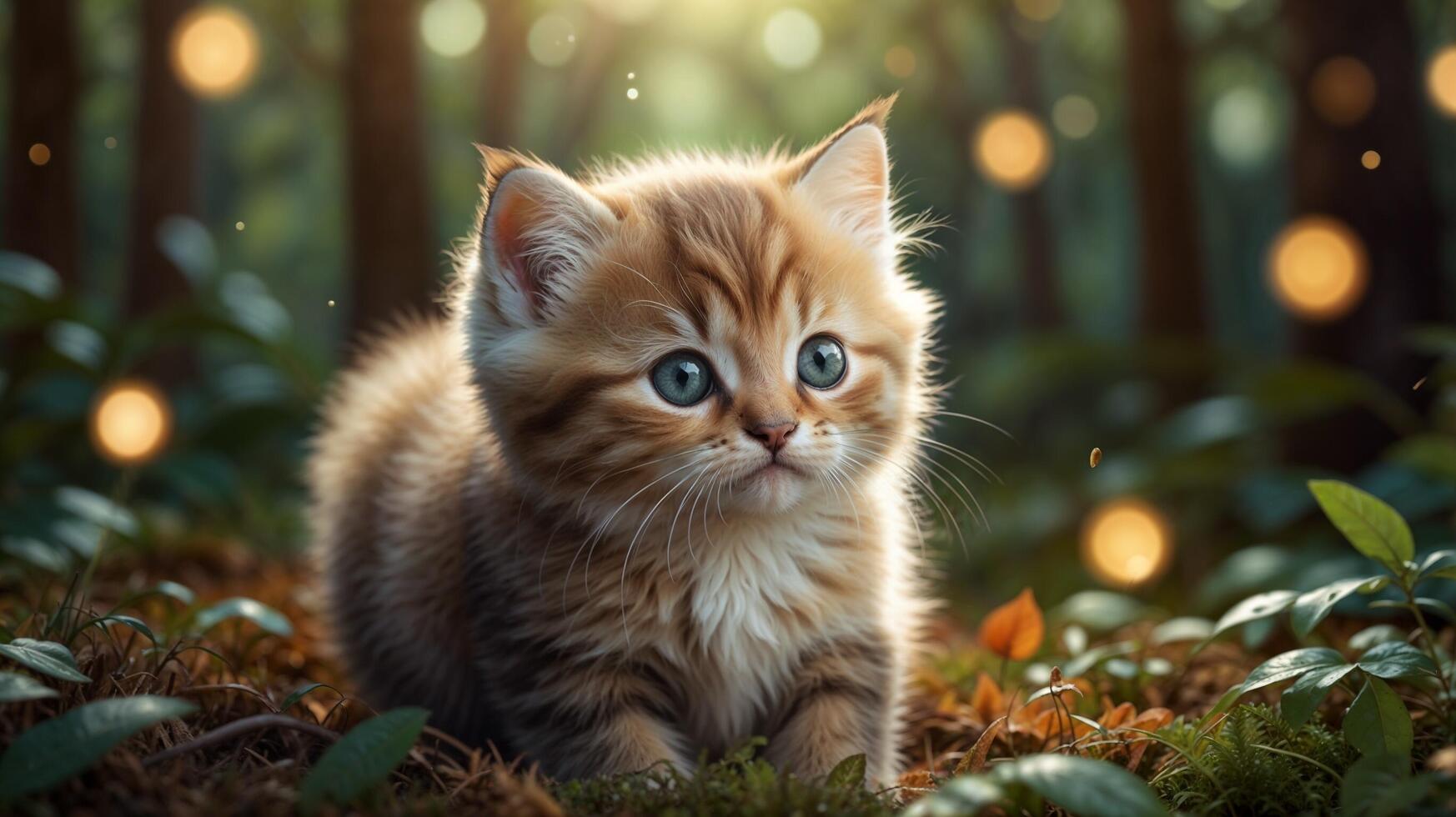 A kitten is sitting in the woods with lights photo