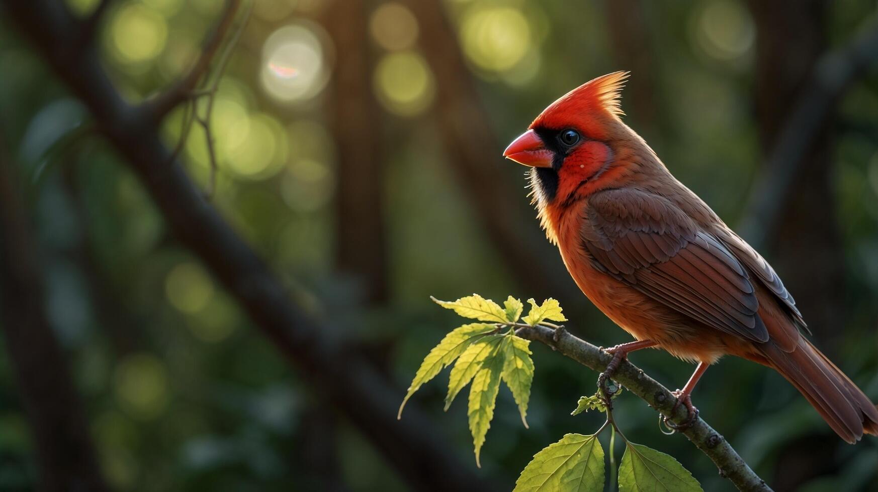 A red bird is sitting on a branch photo