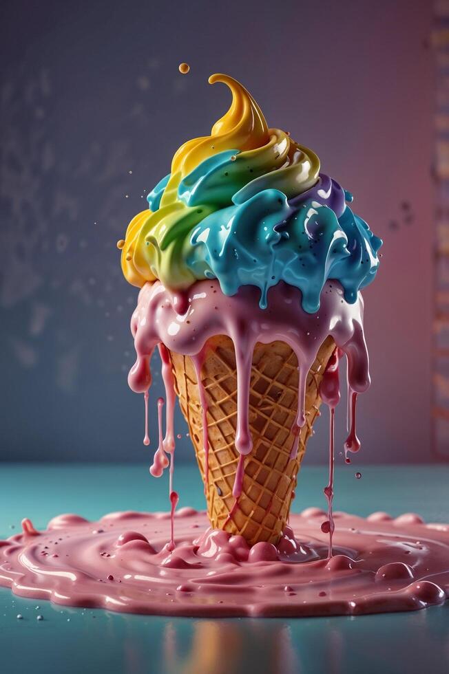A colorful ice cream cone with rainbow colored syrup photo