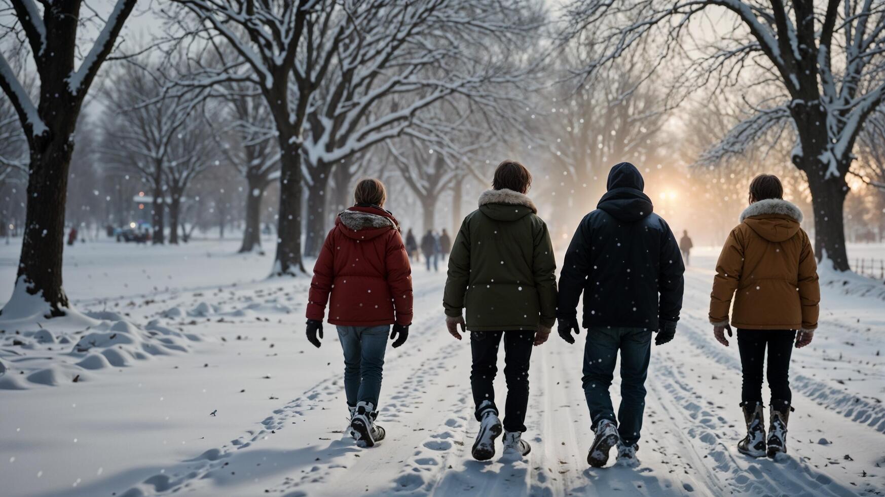 Three people walking in the snow photo