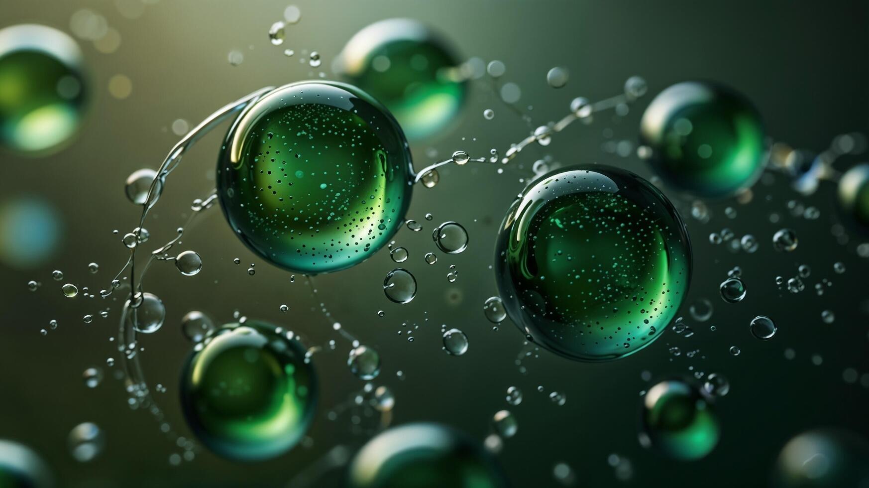 Green bubbles and water droplets on a dark background photo