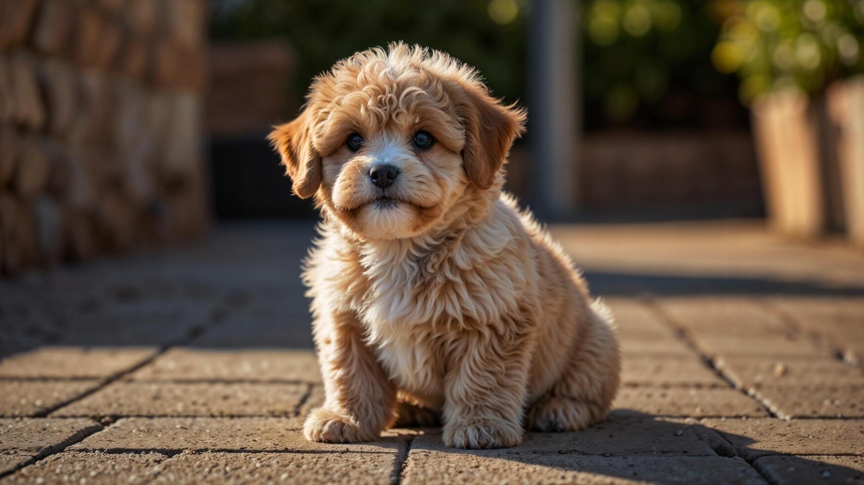 A small brown puppy sitting on a brick walkway photo