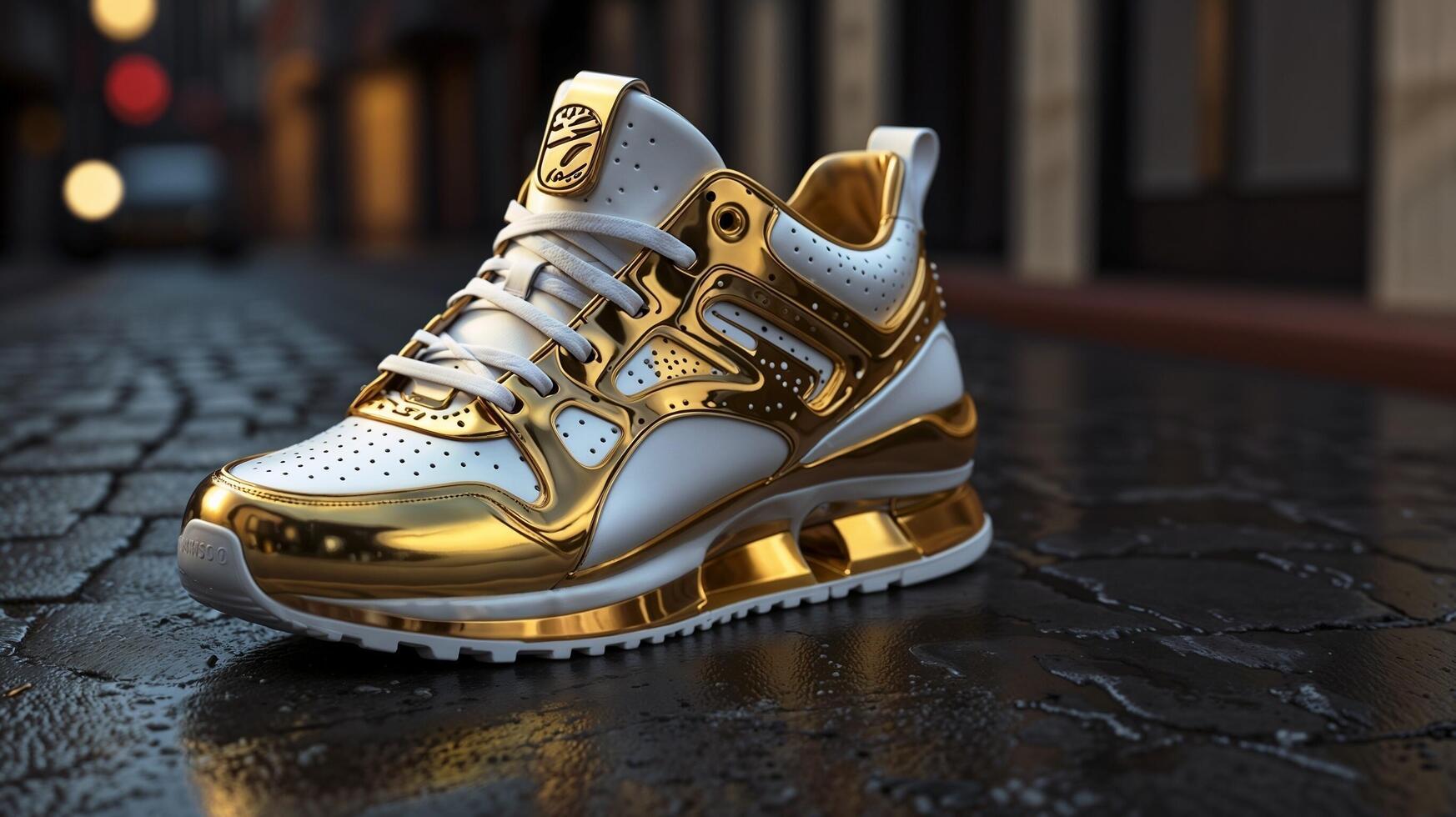 Golden sneakers on a street in the city photo