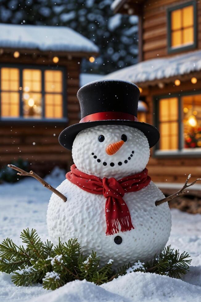 A snowman is standing in front of a log cabin photo