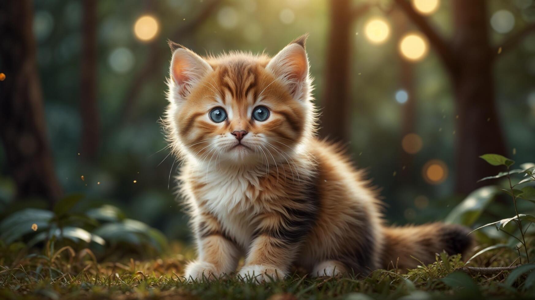 A kitten sitting in the woods with bright lights photo