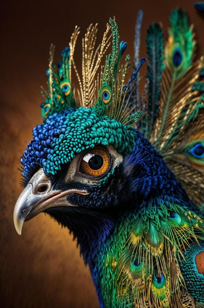 A close up of a peacock's head with feathers photo