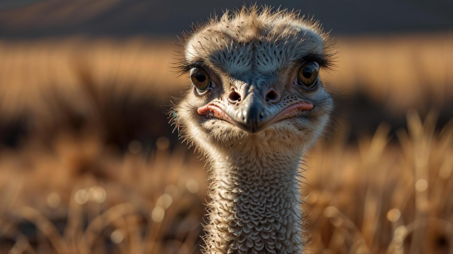 An ostrich looking at the camera in a field photo
