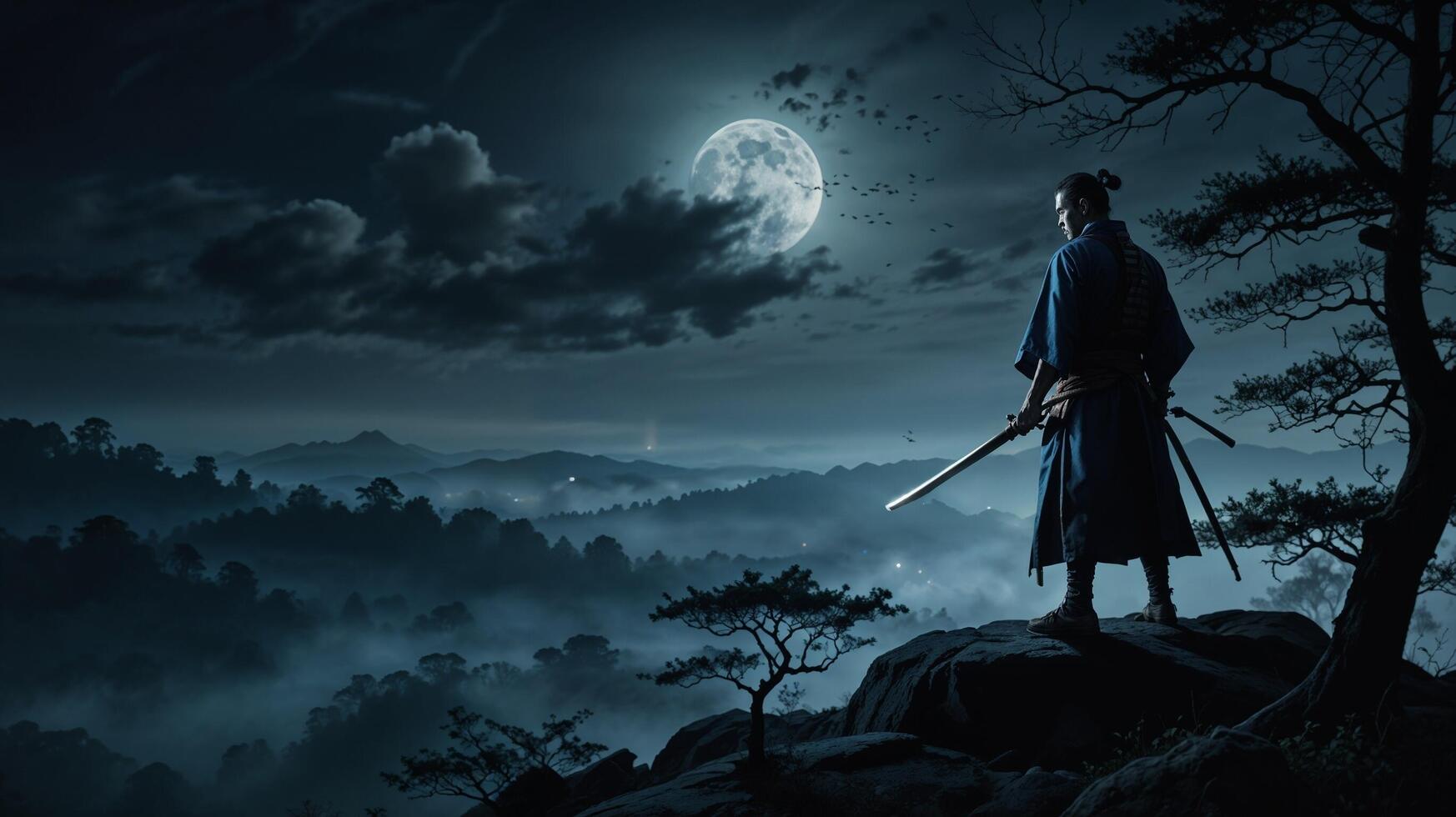 Samurai in the moonlight with a sword photo