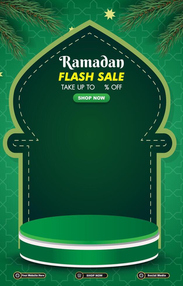 ramadan flash sale template banner with 3d podium for product sale with green background design vector
