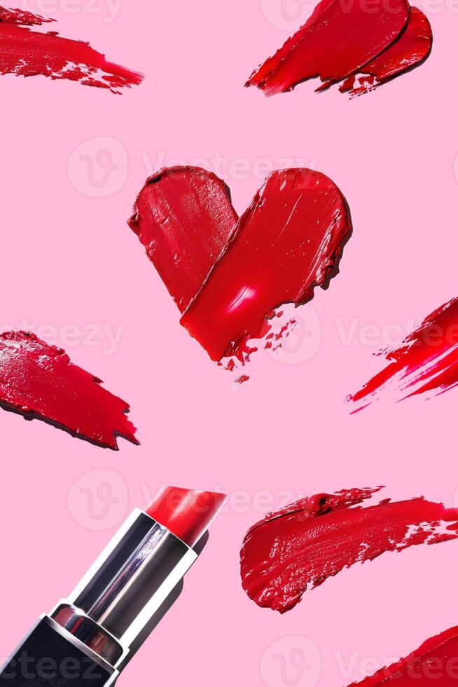 Smearing red heart-shaped lipstick with lipstick vertical banner on pink background. Red lipstick glossy texture in heart shape. red smears swatches swipe photo