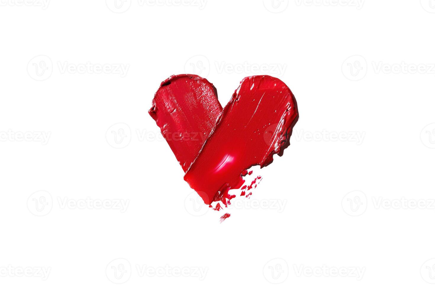 Smearing red heart-shaped lipstick isolated on a white background. Red lipstick glossy texture in heart shape. Cosmetic product swatch photo
