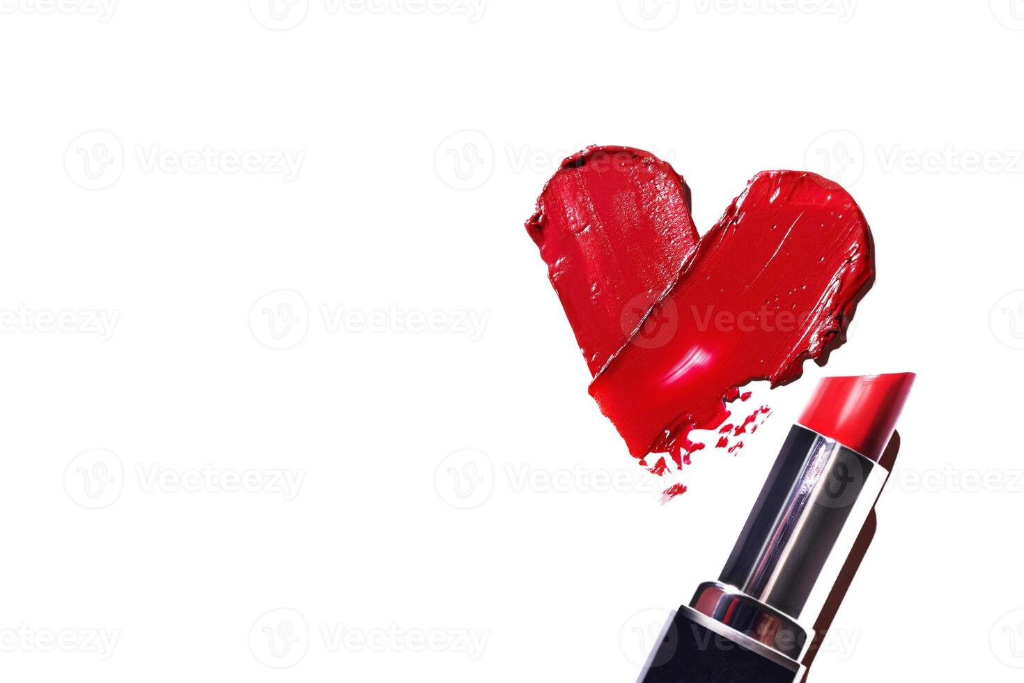 Smearing red heart-shaped lipstick with lipstick banner on a white background. Red lipstick glossy texture in heart shape. Cosmetic product swatch copy space photo