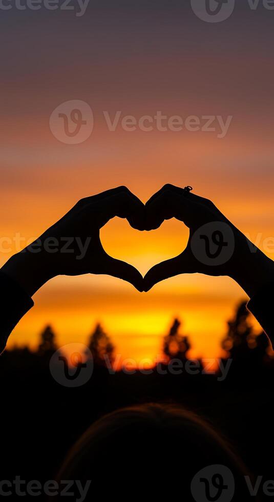 Silhouette of two hands making a heart shape with the sun setting in the background photo