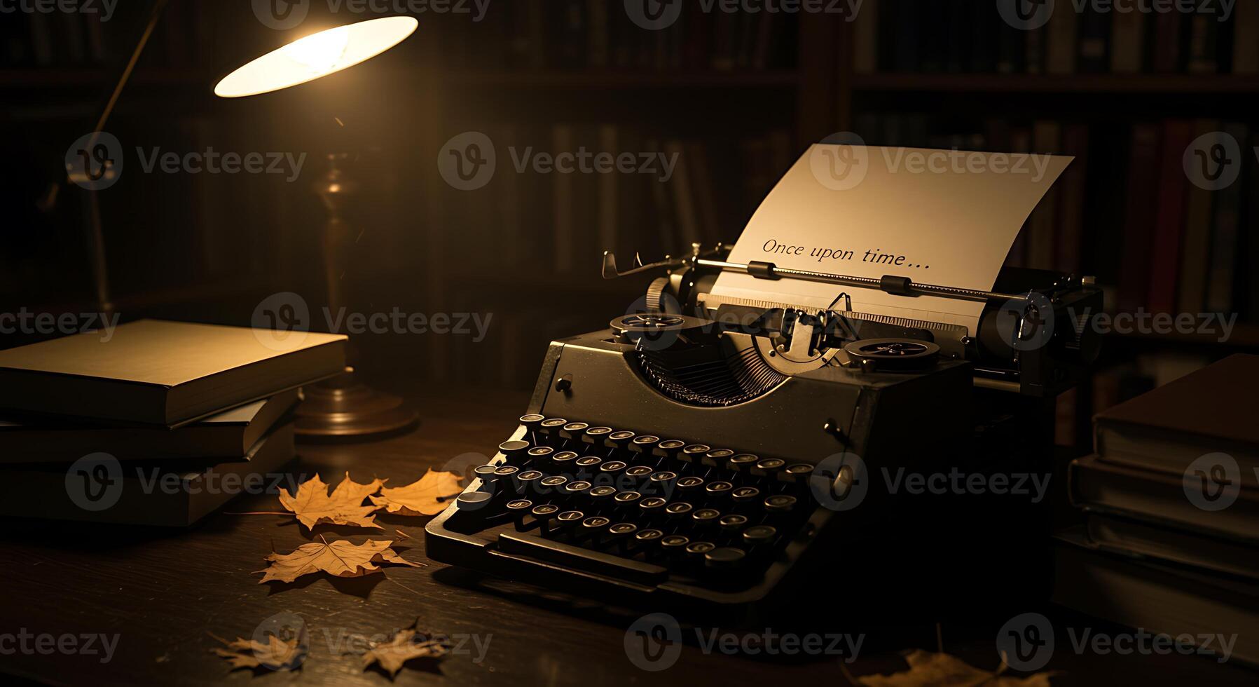 An old typewriter sits on a table with a lamp photo