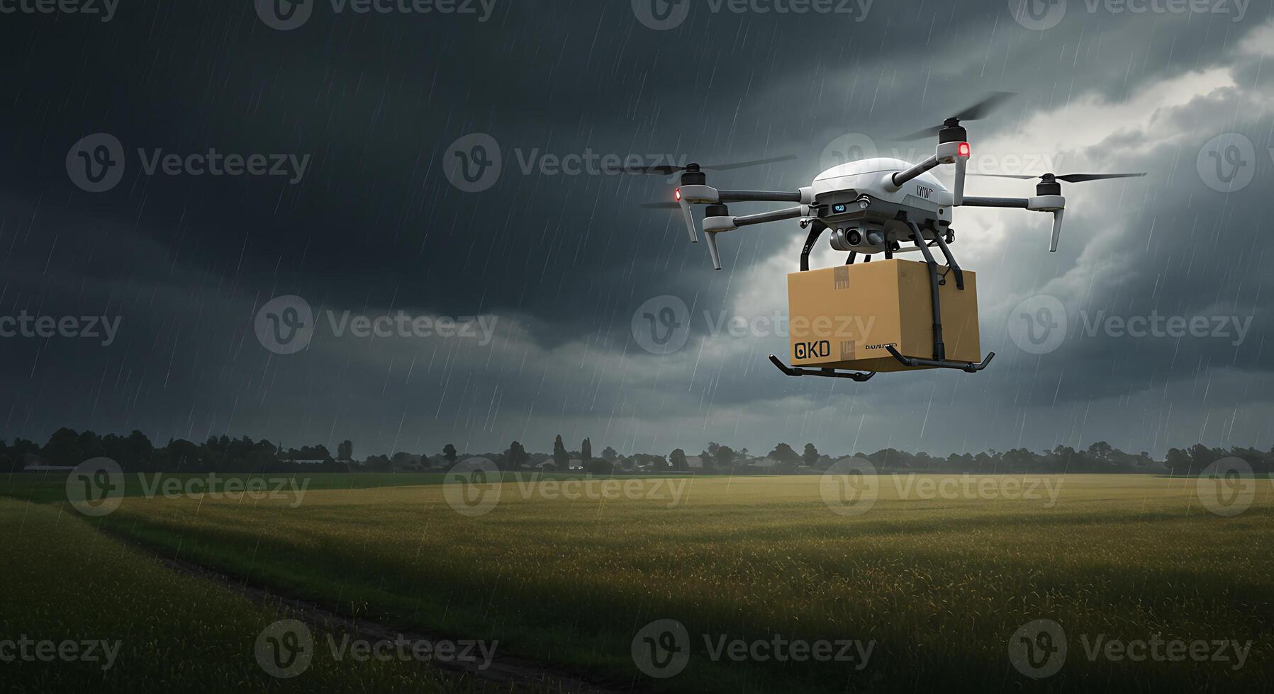 A drone flying over a field with a box on it photo