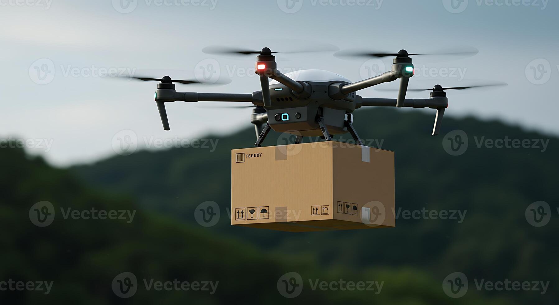 A drone is flying over a box with a forest in the background photo