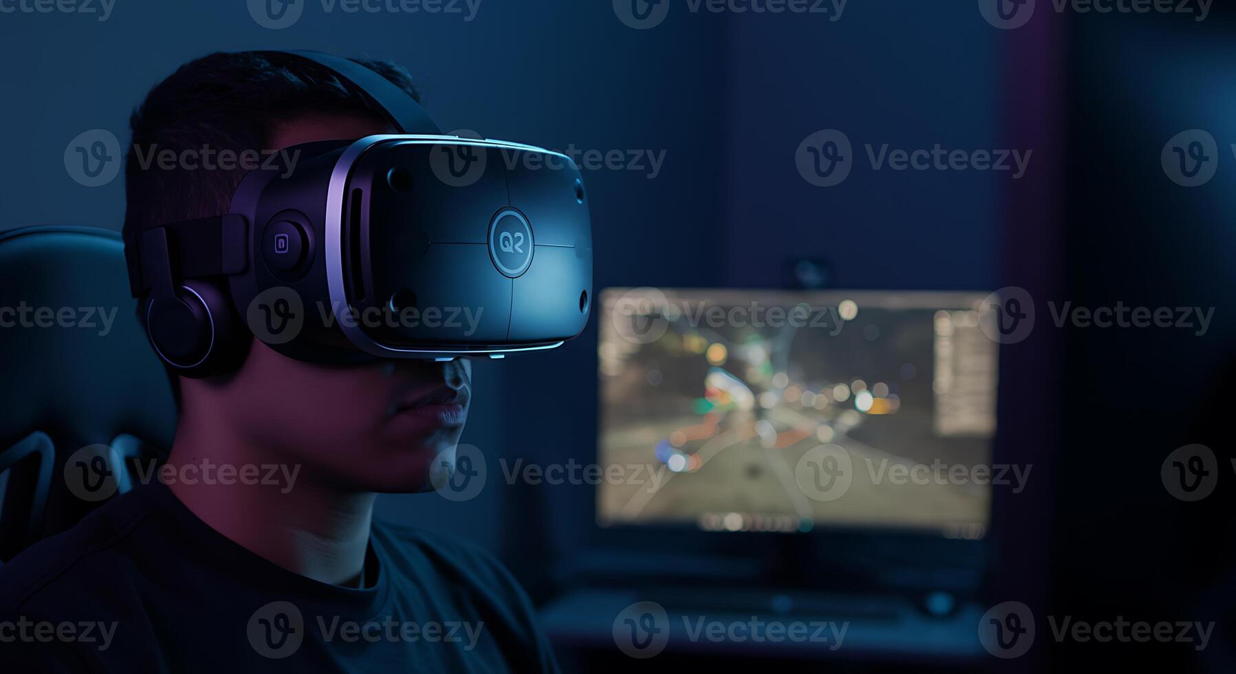 A man wearing a vr headset in front of a computer screen photo