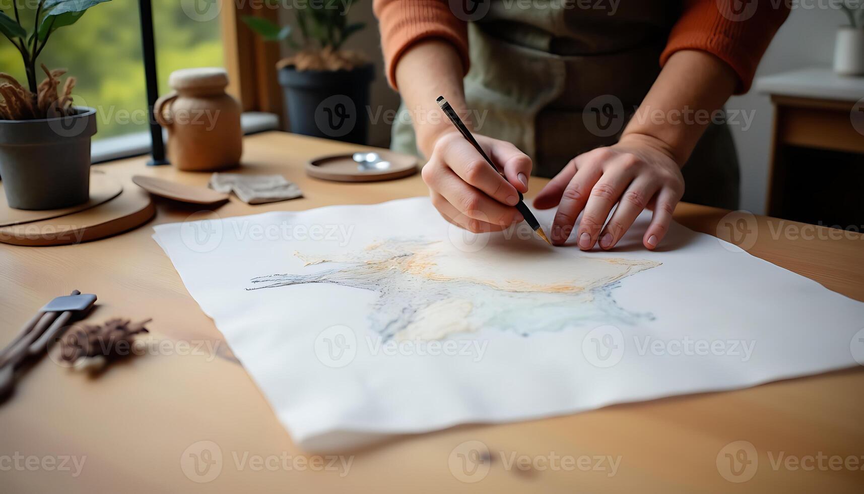 Artistic Hands Drawing Abstract Nature on Paper photo