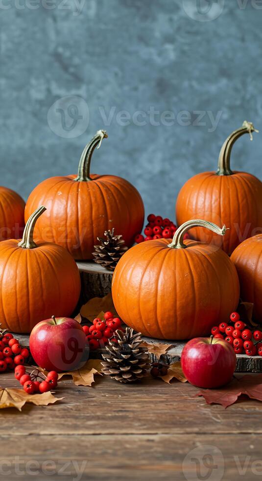A table with pumpkins, apples, and berries photo