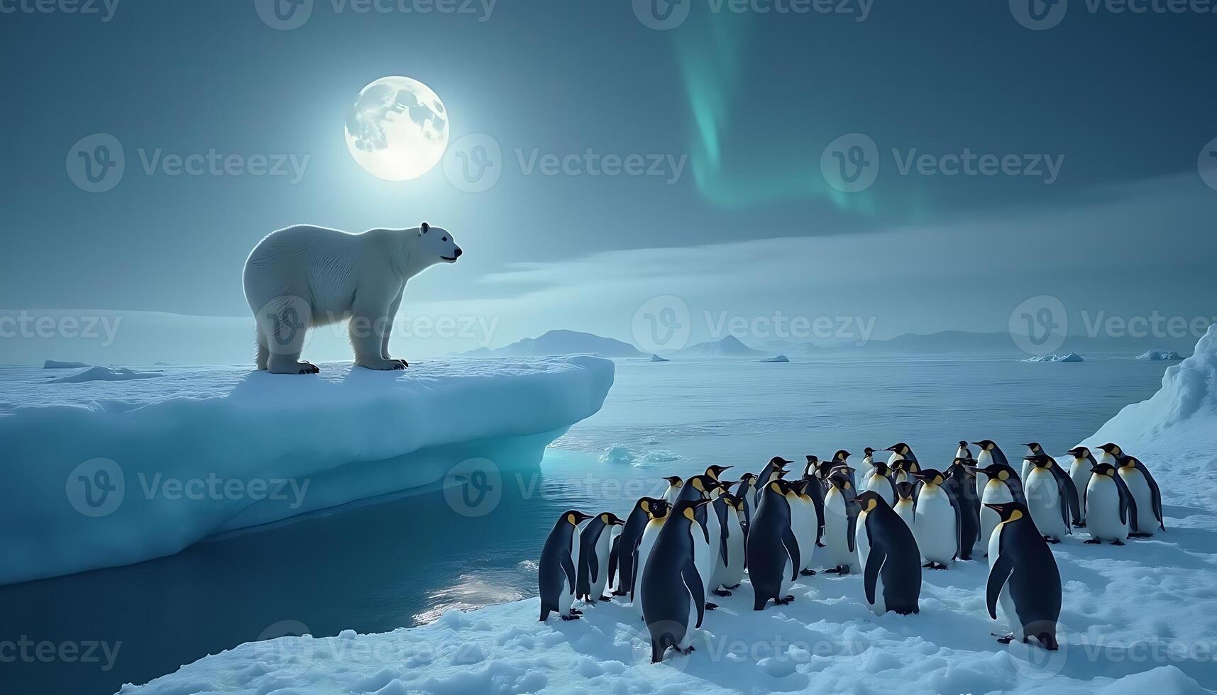 A polar bear and penguins standing on an ice floe photo