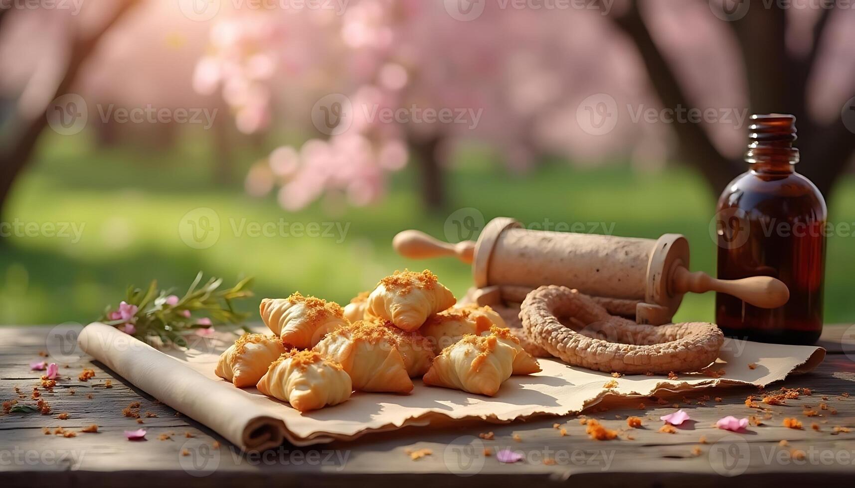 A table with cookies and a bottle of wine photo